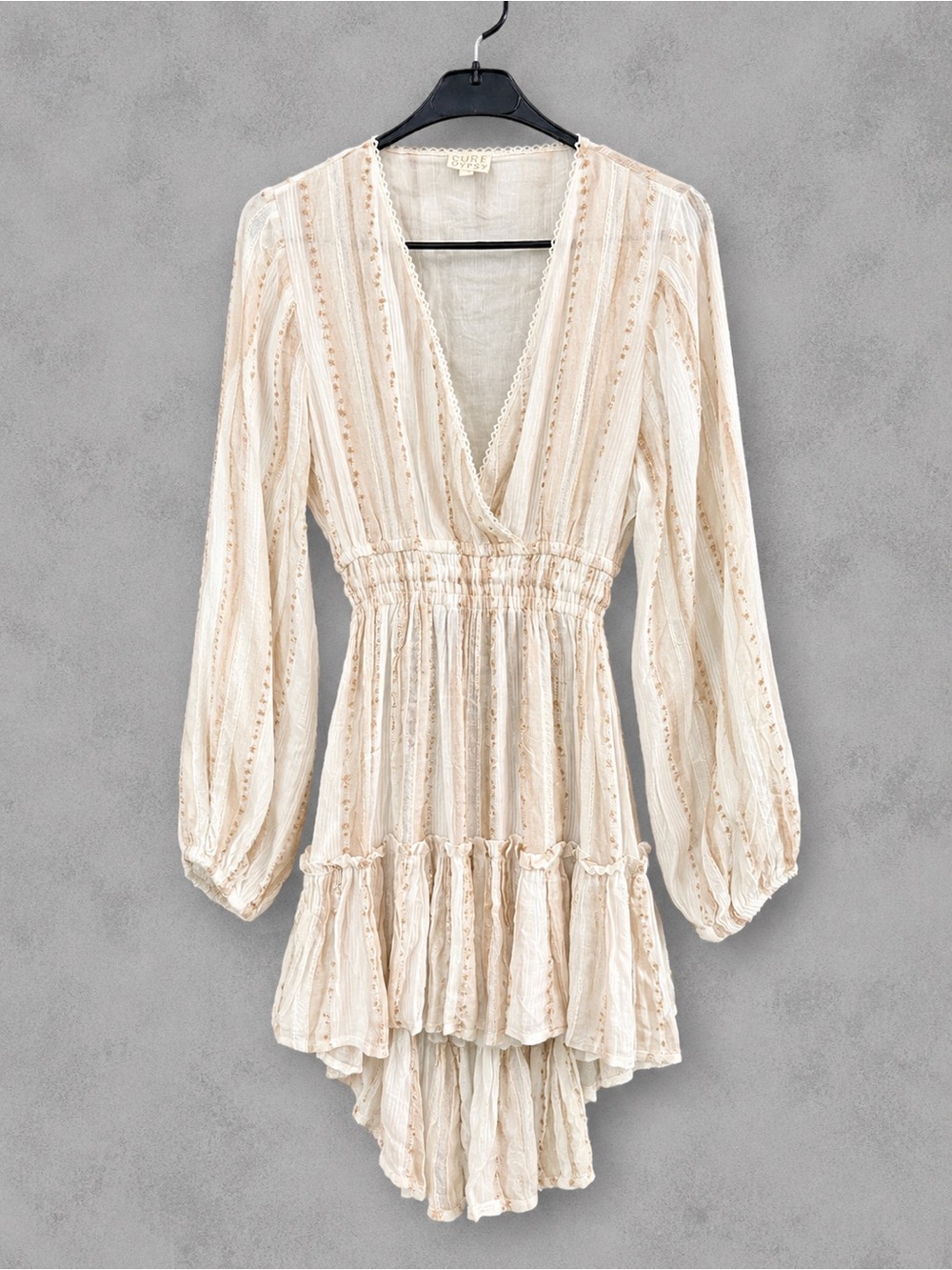 Surf Gypsy Open Back Mini Dress Boho Medium Cream Long-Sleeve